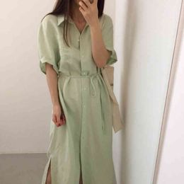 Women Summer Casual Shirt Dress Solid Bandge Vestidos Loose Robe Fashion Clothes 210515