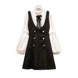 Tweed Stand Collar Chiffon Patchwork Bow Button Puff Sleeve Long Mini Dress D1594 210514