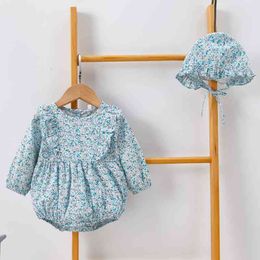 New Spring Autumn Floral And Hat Long Sleeves Baby Girl Newborn Rompers Clothes 210315