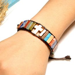 Tennis Bohemian Handmade Multi Colour Natural Stone Cross Tube Beads Leather Wrap Bracelet Couples Bracelets Jewellery Accessories