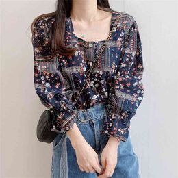 Spring Autumn Women's Top Retro Ethnic Floral Square Neck Long Sleeve Blouse Slim Loose Trumpet Female Tops GX438 210507
