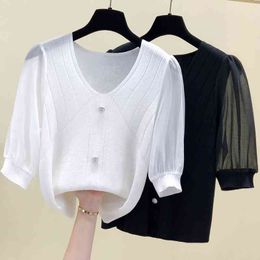 M-4XL plus size mesh Patchwork kintting thin T-shirt Summer short sleeve v neck butto casual Oversized sweater pullover 210604