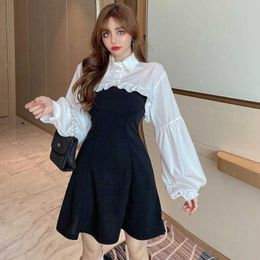 Mozuleva Fashion Two Pieces Set Women White Blouse Cape Black Strap Mini Dress Korean Chic Elegant 2 Piece Outfits Suit 210706