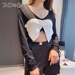 Hit Colour Drawstring Irregular Shirts For Women V Neck Long Sleeve Patchwork Bowknot Slim Short Blouses Female 210524