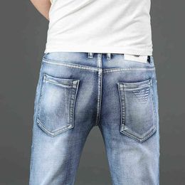 Summer Aj Thin Men's Jeans Korean Fashion Slim Fit Elastic Small Feet Casual Versatile Blue Pants