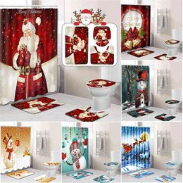 NEW 4Pcs Merry Christmas Bathroom set Snowman Santa Father Bell Elk Pattern Waterproof Shower Curtain Toilet Cover Mat 210402