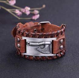 Bangle Axe Bracelet Irish Knot Viking Wristband Snap Buckle Braided Cuff Brown Leather Fashionable Men's Jewellery