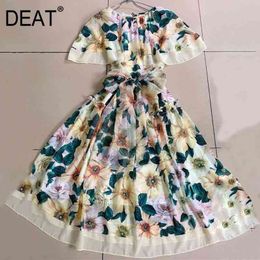 Women Color Printing Chiffon Dress Round Neck Short Flare Sleeve Loose Fit Fashion Tide Spring Summer 7D00453 210421