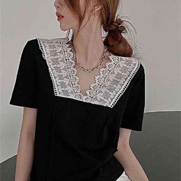 Lace Splicing Women T-shirts Tops Korean Summer Female Short Sleeve Clothing T shirt t shirts tops 210507