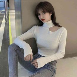 Korean version Slim fit pullover sweater hollow open Neck turtleneck Sweater women autumn winter Sexy Shirt 210507