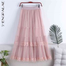 Double Layer Mesh Lace Splicing Skirt Women's Spring High Waist Thin Solid Colour Mid Length Female 210427