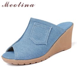 Shoes Women Wedge High Heels Slippers Peep Toe Slides Female Denim Summer Sandals Black Blue Large Size 4-10.5 210517