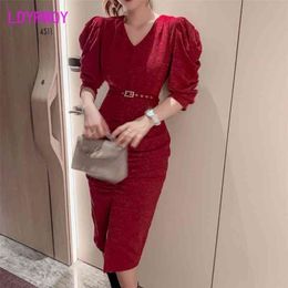 Dress women's autumn/winter retro Korean version Office Lady Polyester Sheath Solid Knee-Length 210416