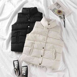 Women Solid Short Style Vest Cotton Padded Ladies Winter Sleeveless Jacket With Single Breasted Stand Collar Casual Coats 210817
