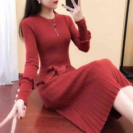 Women's Solid Colour Pullover Full-sleeved Sweater Skirt Casual Slim Autumn And Winter Clothes Soft Comfortable Female 210427