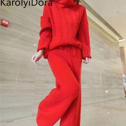 Women's suit Fashion Women Wool Knitting Suit Casual Thickening turtleneck sweater and Wide Leg Pants 2 Piece Outfits for Women 211126