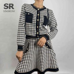 SINGREINY Fashion Women Autumn Plaid Knitted Sets Long Sleeve Houndstooth Cardigan+High Waist Knit Skirt Sweater Two Piece Set Y220214