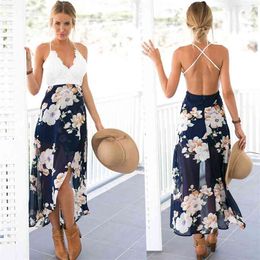 Summer style women lace long flower print patchwork dresses sexy V nack dress 210607