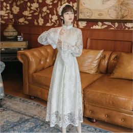 Casual Dresses Women's White Lace Dress Temperament Bodycon Cheongsam Style Fairy Elegant Party Long Sleeve Vestidos