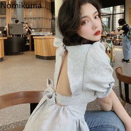Nomikuma Sexy Bow Tie Backless Blouses Korean Jacquard Short Sleeve Square Collar Blusas Summer Slim Waist Ruffle Tops 6G315 210427