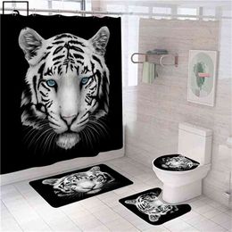 Tiger Leopard Animals Printing Shower Curtain Polyester Curtains in Bathroom Bath Carpet Set Rugs Toilet Mats Cool Home Decor 210915
