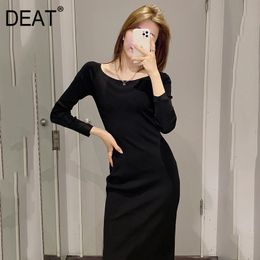 Square Collar Long Sleeve Solid Black Temperament Knitted Bodycon Dress Women Mall Goth Spring And Summer GX720 210421