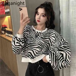 Fashion Women Jumper Zebra Pattern Crop Pullover Chic Korean Hoodies Casual Loose Girls Harajuku Sweatershirt Tops 210601