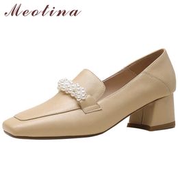 Meotina Natural Genuine Leather Women Shoes Square Toe Med Heels Pearl Block Heel Pumps Ladies Footwear Spring Apricot 210608