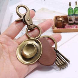 Ancient Bronze Cowboy Hat Lather Key Ring leather charm Quicklink Keychain Holders for men fashion jewelry will and sandy