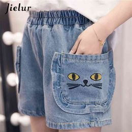 Jielur S-5XL Kawaii Embroidery Cat Jeans Woman Pocket Plus Size Wide Leg High Waist Summer Spodnie Damskie y 210708
