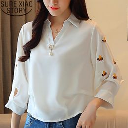 Korean Fashion Clothing Women's Blouses Embroidery V-Neck Chiffon Blouse Shirts White Shirt Ladies Tops 2662 50 210415
