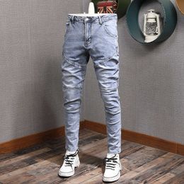 Korean Style Fashion Men Jeans Retro Light Blue Elastic Cotton Slim Fit Denim Pants Streetwear Spliced Designer Hip Hop