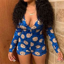 Sexy Onesies For Adults est Autumn Winter Long Sleeve V-neck Funny Pattern Print Pajama Romper Women Christmas Nightwear 210517