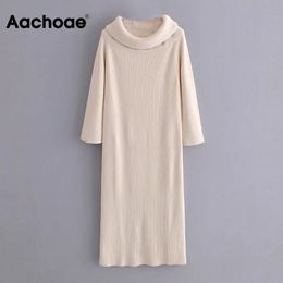 Aachoae Solid Color Women Autumn Winter Casual Knitted Dress Loose Turtleneck Midi Dresses Long Sleeve Elegant Sweater Dress 210413
