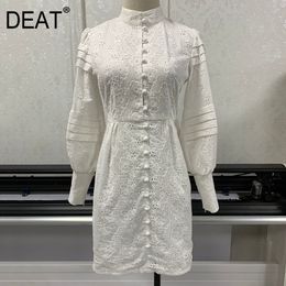Women White Splicing Embroidery Hollow Dress Stand Collar Long Sleeve Loose Fit Fashion Tide Spring 7D00724 210421