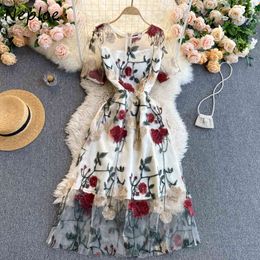 Neploe Heavy Work Flower Embroidery Long Dress Women High Waist Hip A Line Slim Vestidos O Neck Short Sleeve Robe Summer 210423