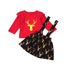 6M-4Y Christmas Toddler Infant Baby Kid Girls Clothes Set Long Sleeve Deer Tops Red Ruffles Skirts Overalls Xmas Outfits 210515