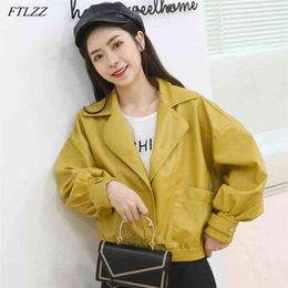 Autumn Women Streetwear Yellow Short Pu Faux Leather Jacket Turn Down Collar Batwing Sleeve Coat Casual Outwear 210430