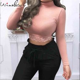 Pink T-shirt Women Girls Short Tshirt Crop Tops Solid Lace Embroidery Patchwork Cotton Multi Colours Long Sleeve Spring T0D303A 210421