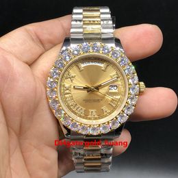 High-quality 43mm Prong Set Bezel big diamonds automatic man watch,Luxury stainless steel Gold shell claw diamond men's watches Two color band Red dial (no box)