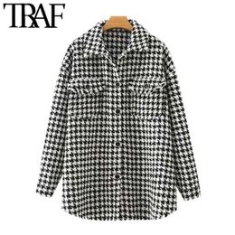 TRAF Women Fashion Oversized Houndstooth Frayed Tweed Jacket Coat Vintage Long Sleeve Pockets Female Outerwear Chic Top 211029
