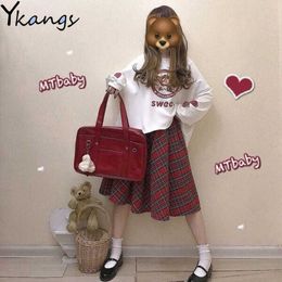 Japanese Harajuku Women 2Pcs Suit Kawaii Cute Strawberry Printed Sweatshirt+Red Plaid skirt Autumn Pullovers Tops Pleated skirt 210619