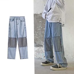 2021 Autumn Spring Harajuku Jeans Men Straight Pants Vintage Patchworked Wide Leg Pants Loose Punk Trousers Streetwear Men Jeans X0621