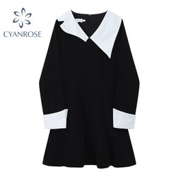 Irregular Collar Black Crop Shirt Dress For Ladies Long Sleeve Elegant Baggy Leisure Vestidos Oversized Street Korean Dresses 210417