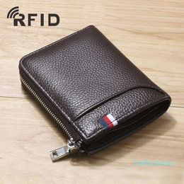 RFID Protected Genuine leather mens zipper designer wallets male fashion cow leather Coin zero card purses black/coffee Colour