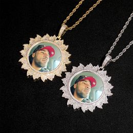 Custom Photo Medallion Necklace Pendant Flame Shape Iced Out Zircon Gold Silver Plated Mens Hip Hop Jewelry Gift