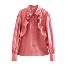 BLSQR Fashion Pink Ruffled Loose Blouses Women Vintage Long Sleeve Button-up Female Shirts Blusas Chic Tops 210430
