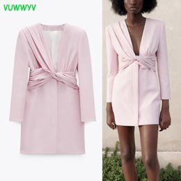 VUWWYV Pink Black Blazer Short Dress Women Summer Long Sleeve Gathered Knot Type Mini Dresses Woman Office Wear Coats 210430