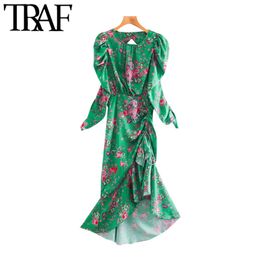 TRAF Women Fashion Floral Print Pleated Asymmetrical Midi Dress Vintage Backless Zipper Ruffled Female Dresses Mujer 210415