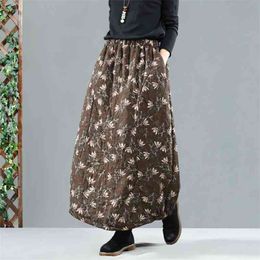 Autumn Winter New Arts Style Women Elastic Waist Thicken Warm Loose Long Skirt Vintage Print Cotton Casual A-line Skirts M267 210412